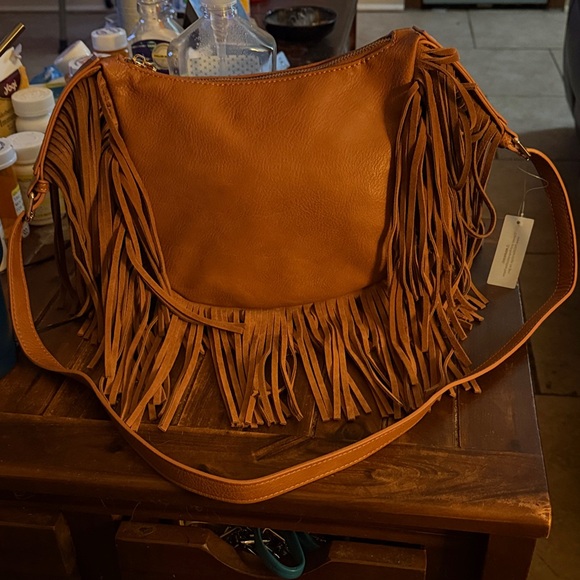 Handbags - Fringe Tan Vegan Leather Shoulder Bag